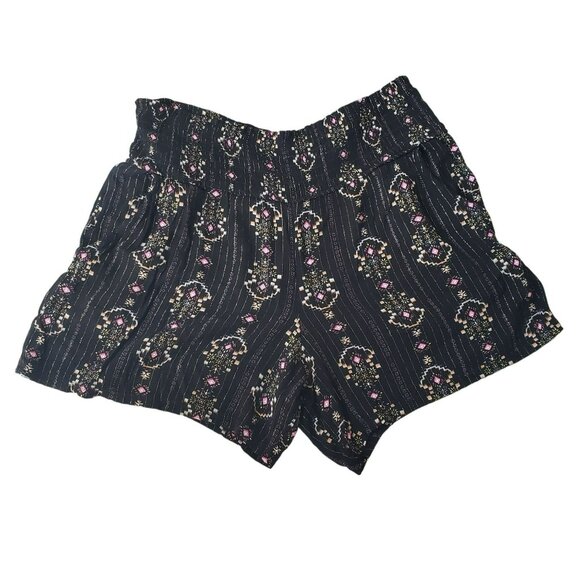 Three Dots Black Metallic Gold Floral Boho Print Elastic Waist Lightweight Short - Picture 9 of 10